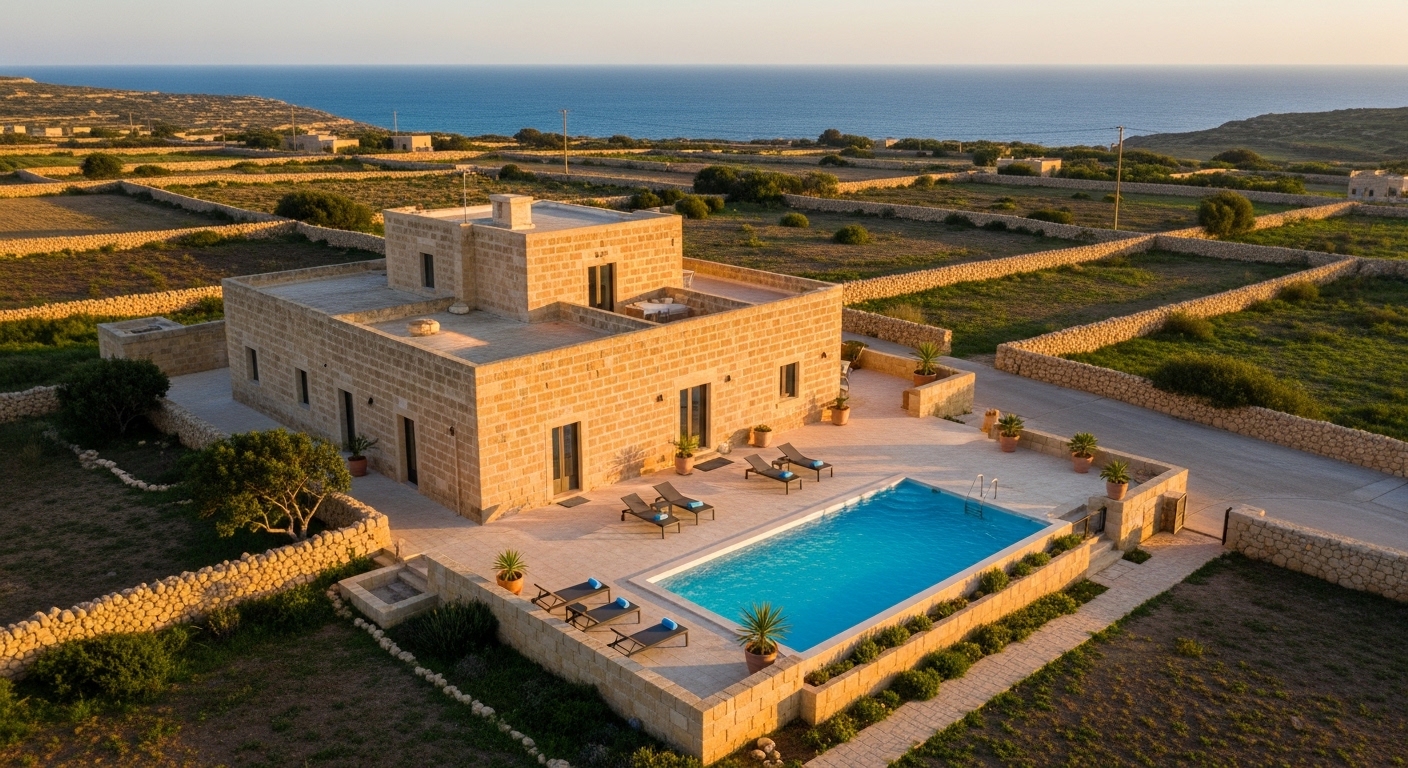 Immobilier à Malte et à Gozo — farmhouse traditionnelle gozitaine avec piscine et vue sur la campagne méditerranéenne