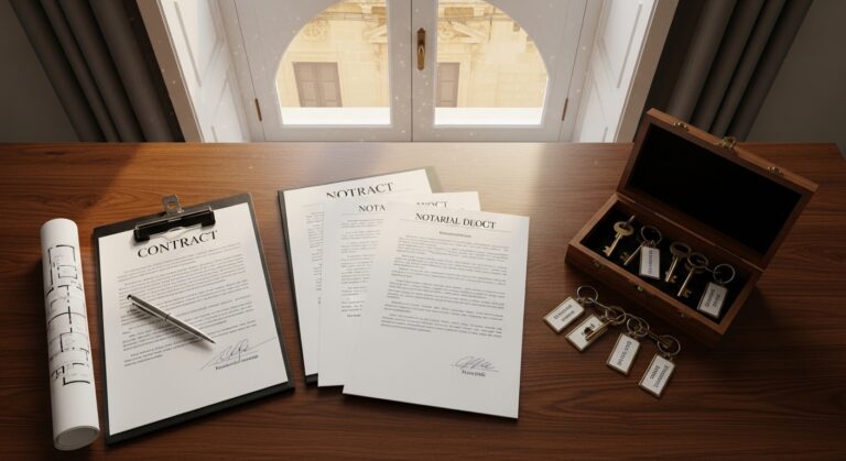 Processus d'achat immobilier à Malte — documents notariaux et clés sur un bureau