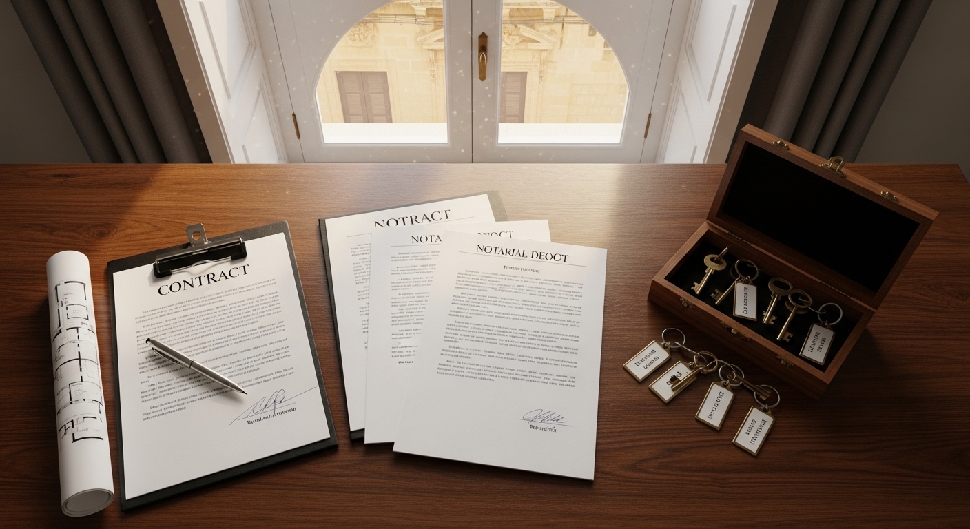 Processus d'achat immobilier à Malte — documents notariaux et clés sur un bureau