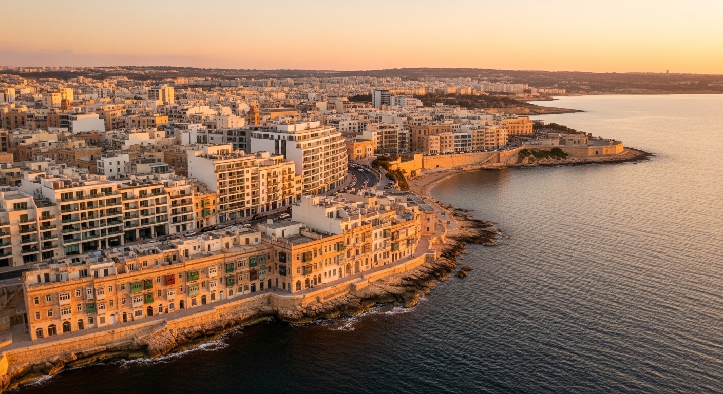 Marché immobilier à Malte — vue aérienne du front de mer de Sliema et ses immeubles résidentiels