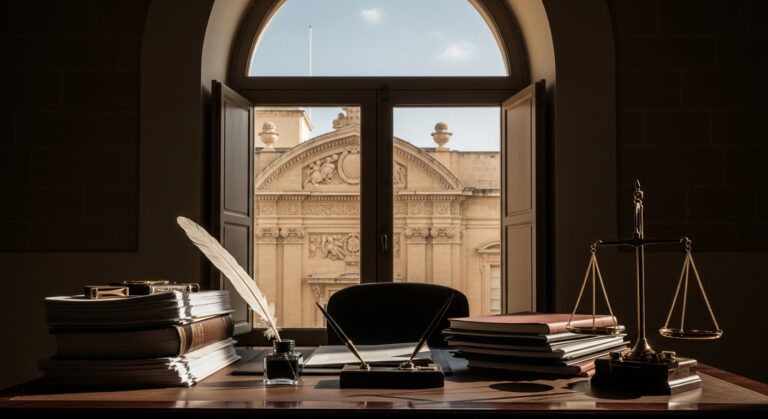 Trusts et fiduciaires à Malte — documents juridiques sur bureau avec architecture maltaise en arrière-plan