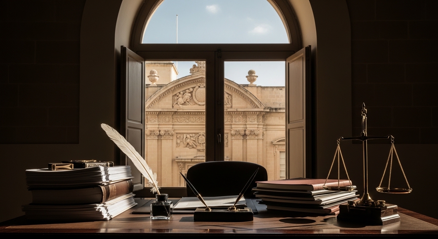 Trusts et fiduciaires à Malte — documents juridiques sur bureau avec architecture maltaise en arrière-plan