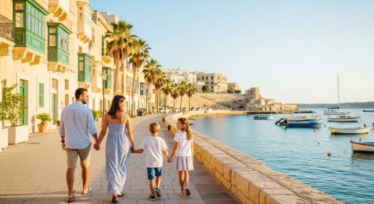 Famille expatriée avec enfants profitant du cadre de vie méditerranéen à Malte