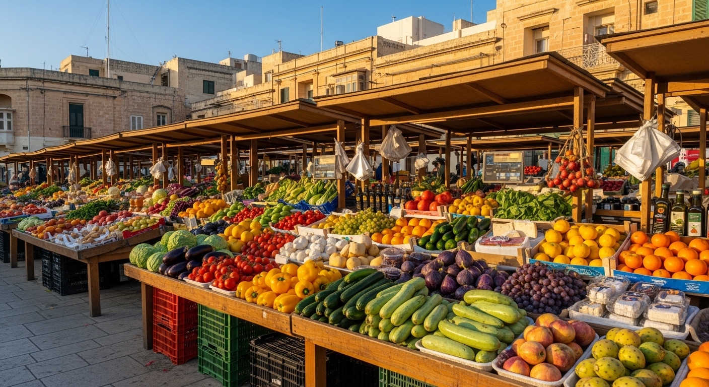 Budget mensuel à Malte : Marché local à Malte avec étals de fruits et légumes frais, architecture en pierre calcaire maltaise