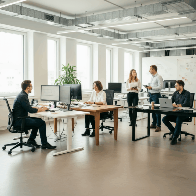 Comptabilité d'une société à Malte : Des employés travaillant dans un bureau moderne avec des postes de travail lumineux