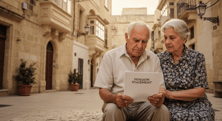 Couple âgé regardant un relevé de pension dans la rue