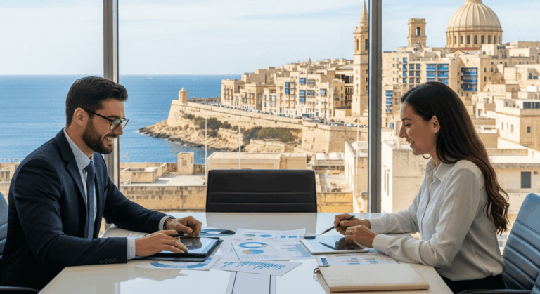 Deux professionnels discutent devant une vue sur la mer et la ville
