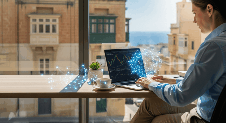 Femme travaillant sur un ordinateur portable avec un graphique boursier et des connexions bleues