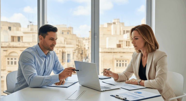 Deux professionnels discutent devant un ordinateur portable