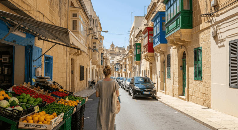 Rue étroite avec marché de fruits et légumes et balcons colorés