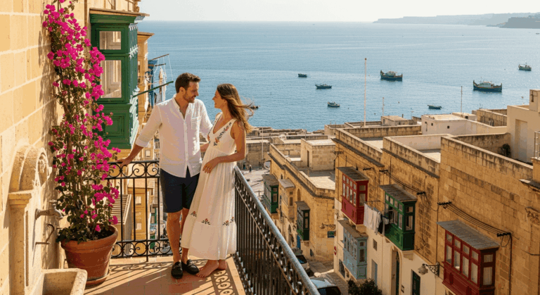 Couple sur un balcon avec vue sur la mer et des bateaux