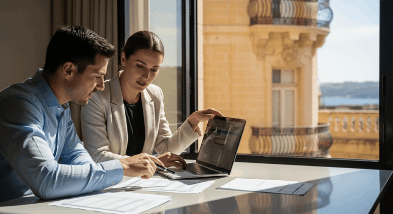 Homme et femme travaillant sur un ordinateur portable avec vue sur la mer