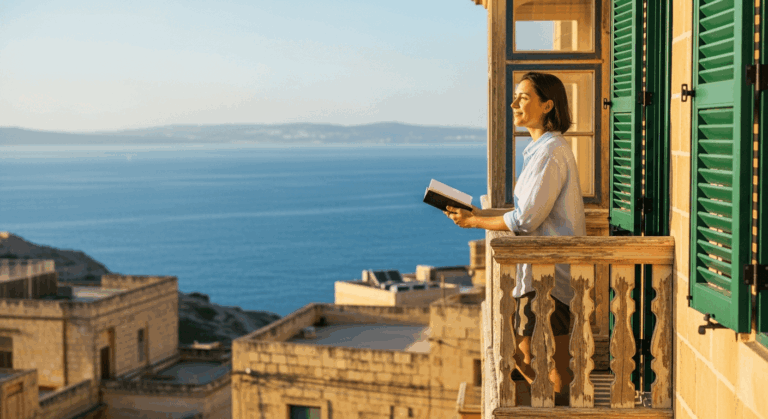 Femme lisant un livre sur un balcon avec vue sur la mer