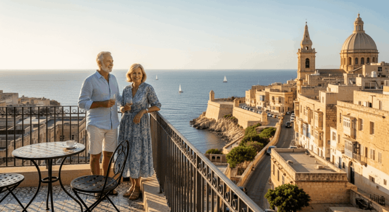 Couple profitant d'une vue sur la mer et la ville depuis un balcon