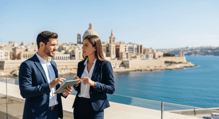 Couple d'affaires discutant avec une tablette devant un paysage urbain et maritime
