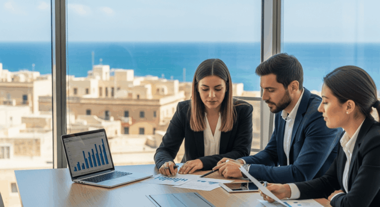 Trois personnes en costume discutent de graphiques devant une fenêtre avec vue sur la mer