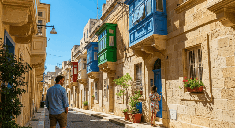 Rue étroite avec des balcons colorés et des personnes