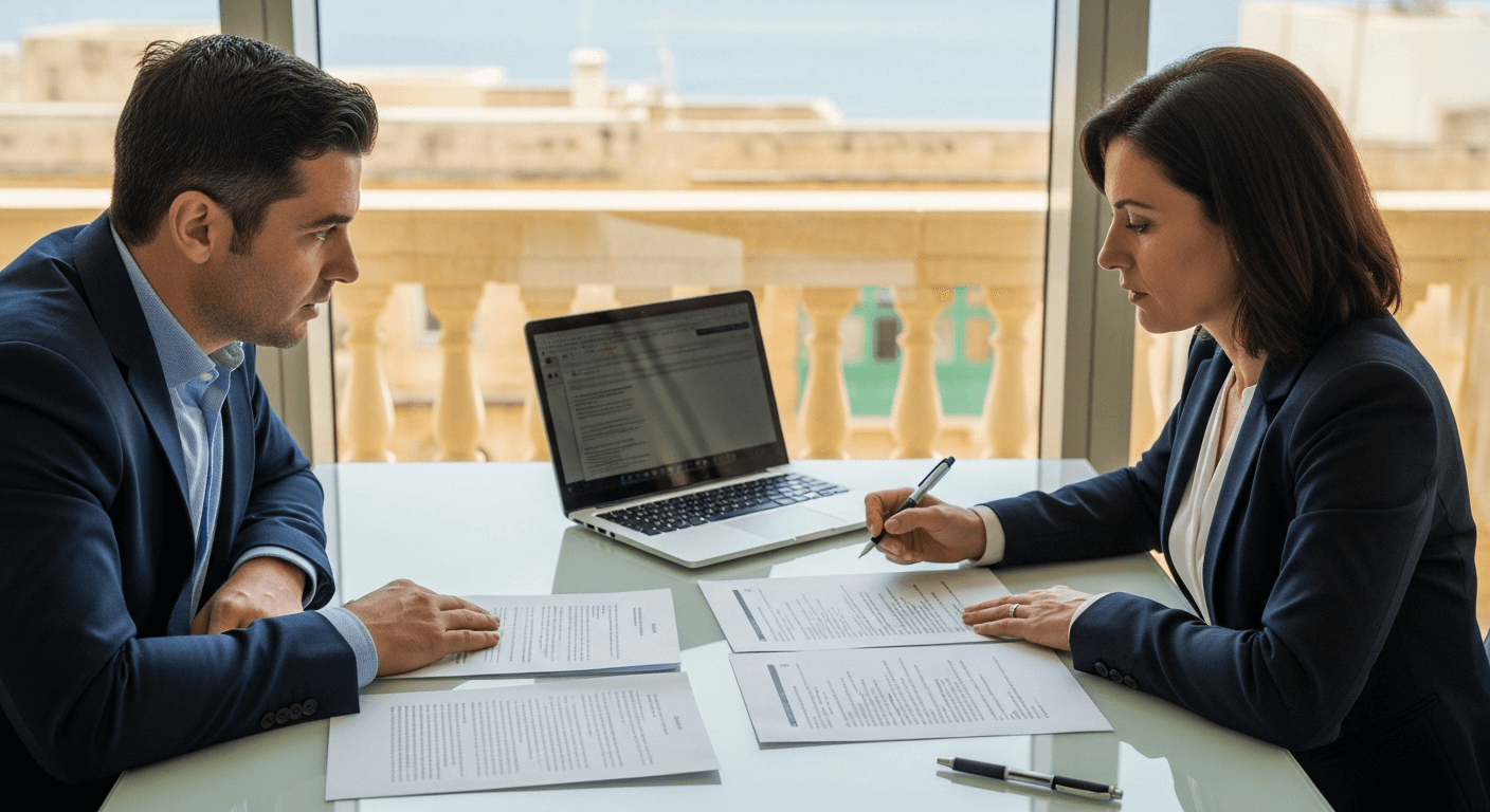 Un homme et une femme en costume discutent des documents