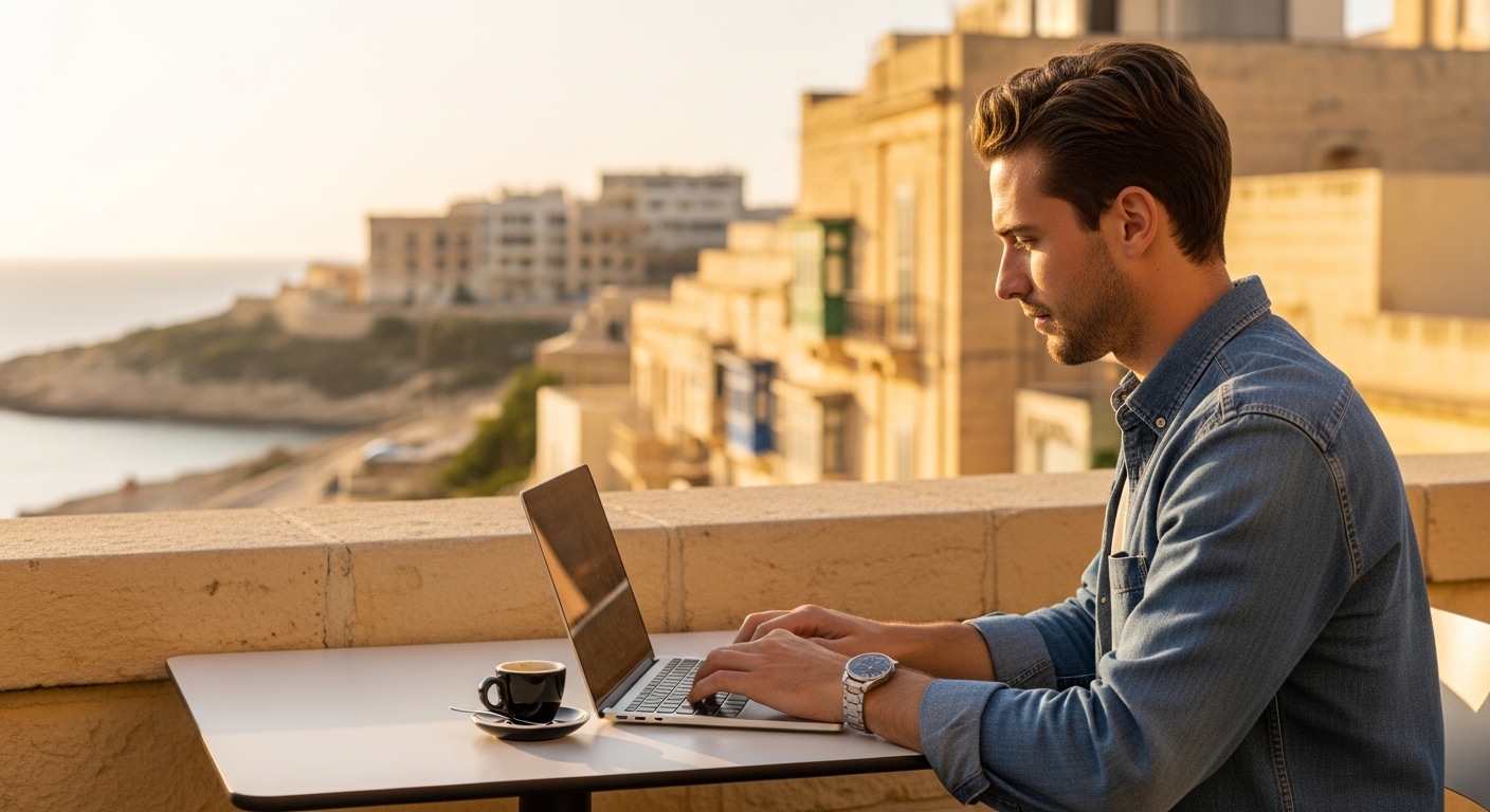 Professionnel travaillant à distance sur un ordinateur portable en terrasse à Malte avec vue sur la Méditerranée — visa digital nomad Malte