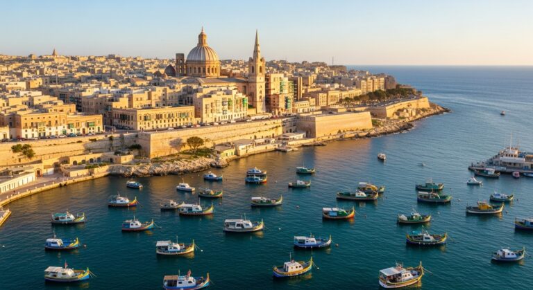 Vue aérienne de La Valette, capitale de Malte, avec le port et l'architecture baroque, langue à malte anglais et maltais