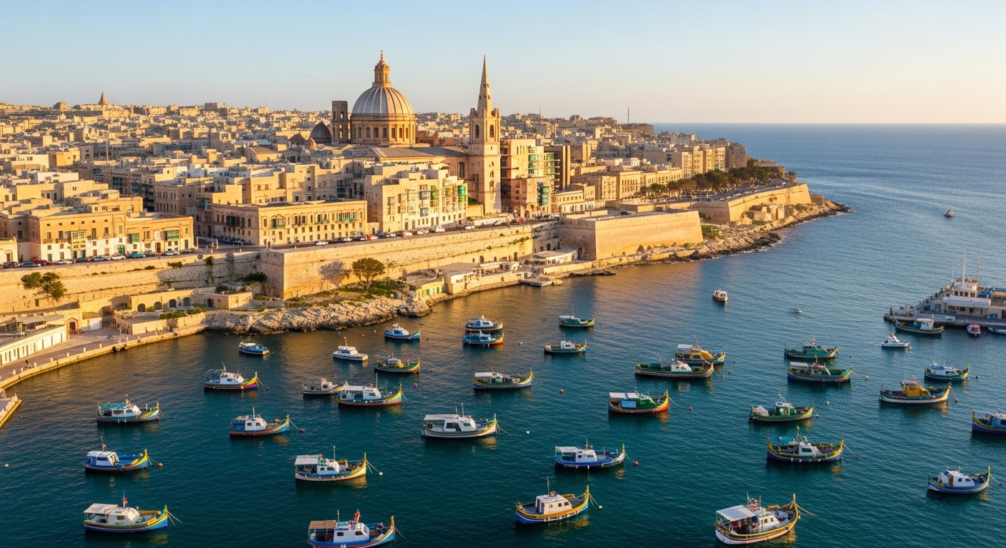 Vue aérienne de La Valette, capitale de Malte, avec le port et l'architecture baroque, langue à malte anglais et maltais