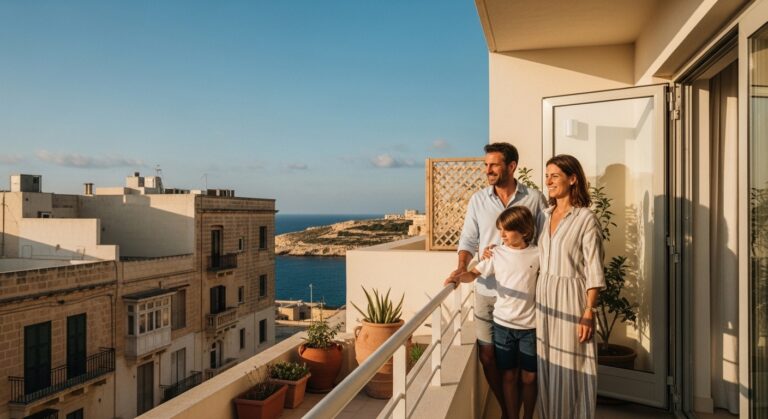 Famille française sur la terrasse d'un appartement à Malte, vue sur la mer Méditerranée. Acheter un appartement à malte