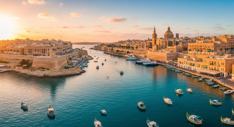 Structuration patrimoniale à Malte — vue aérienne du port de La Valette au coucher du soleil