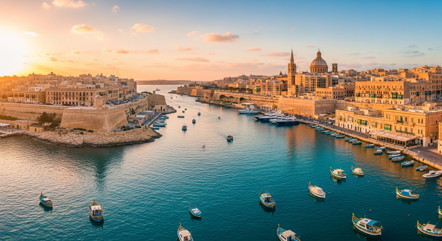 Structuration patrimoniale à Malte — vue aérienne du port de La Valette au coucher du soleil