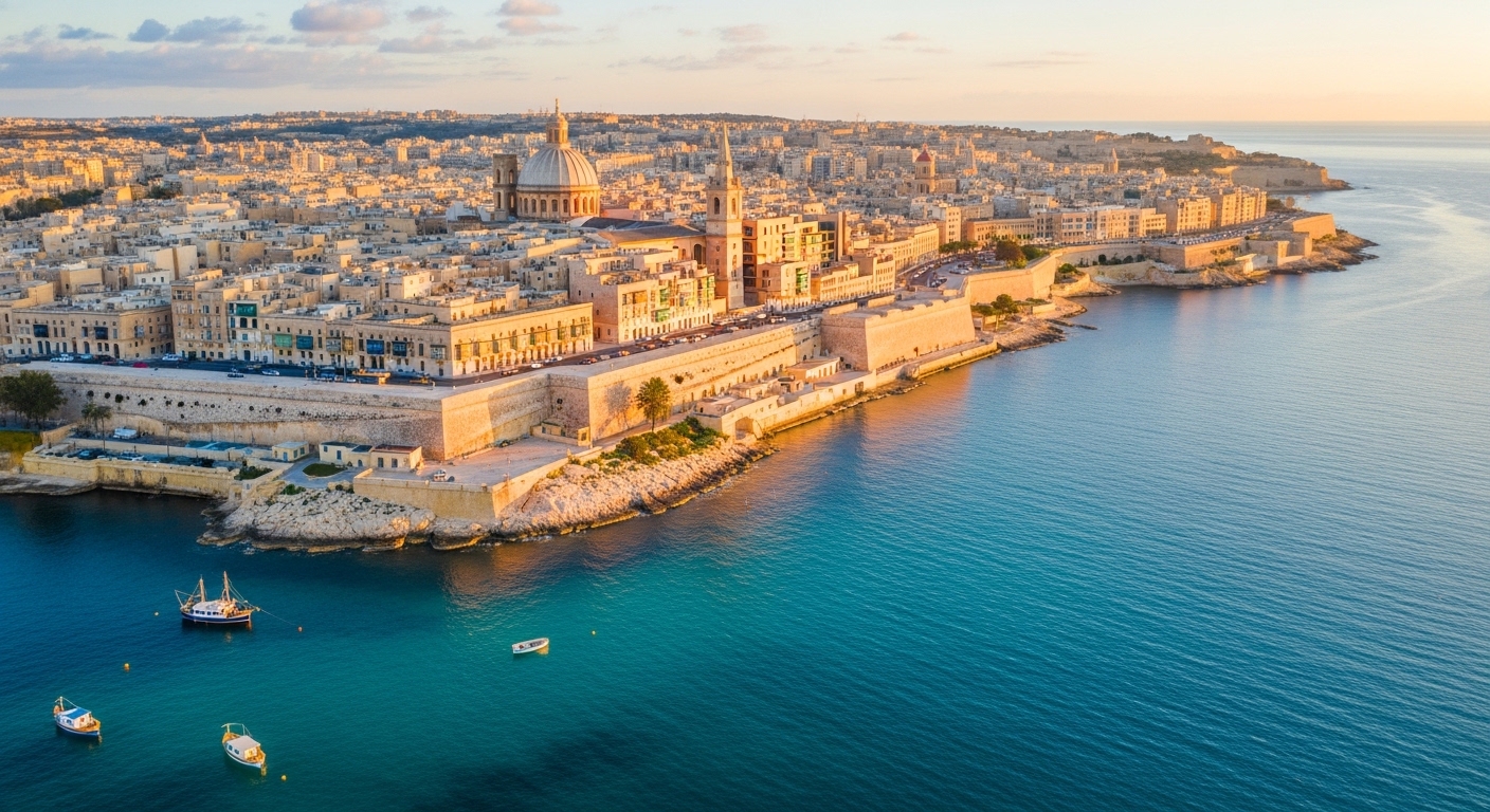 Vue aérienne de La Valette et du littoral maltais — structuration patrimoniale holding et trust à Malte